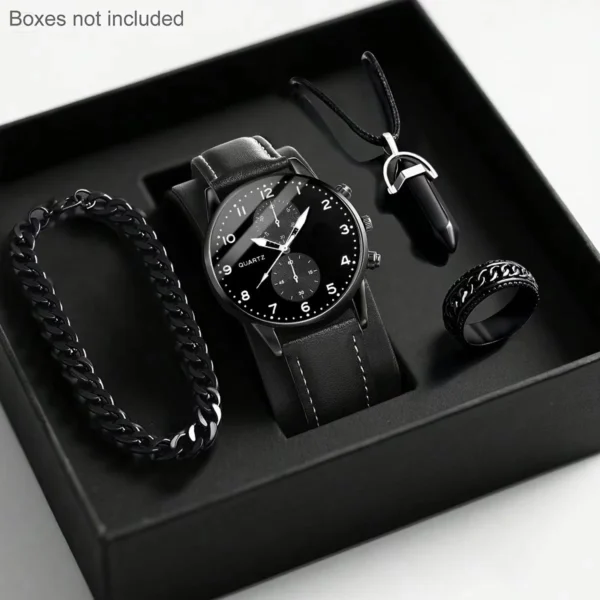 Leather Quartz Watch Set 4pcs